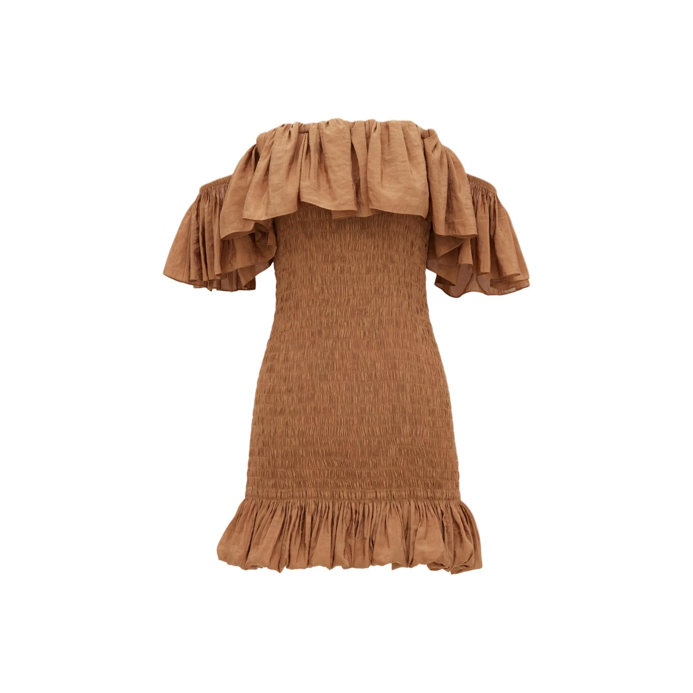 SAINT LAURENT Smocked Ruffled Off Shoulder Dress