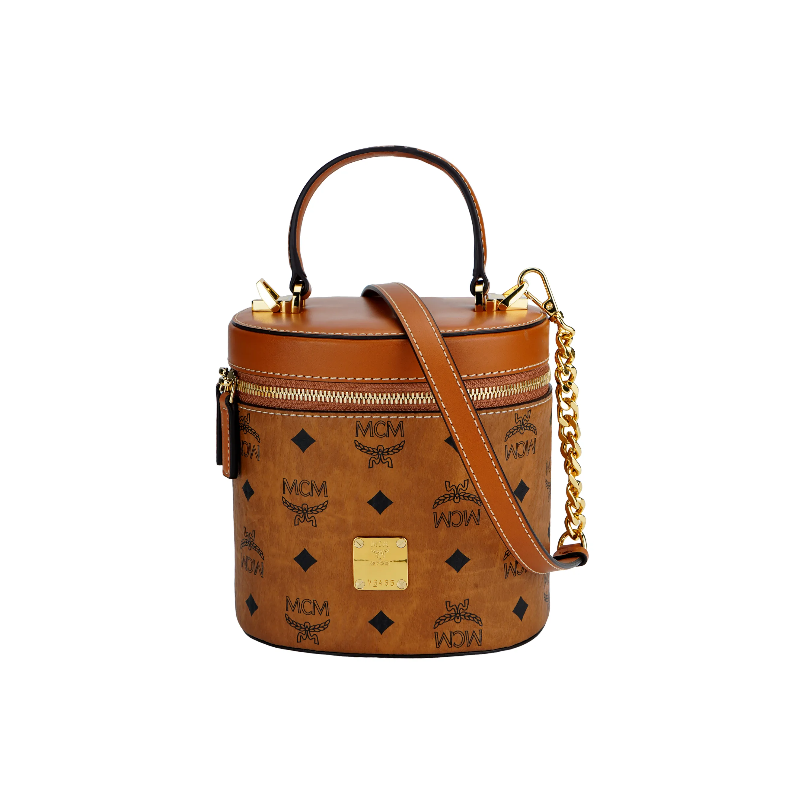 MCM Visetos Leather Cylinder Bag, One Shoulder Crossbody Bag, Shoulder Bag Trumpets Women's