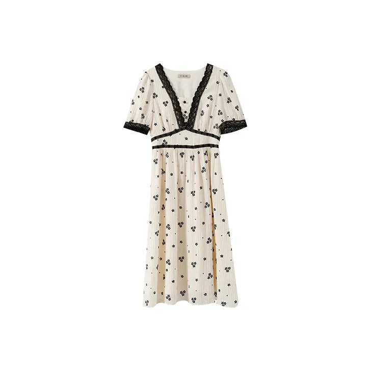 YUMOMO STAR Short Sleeved Dresses Women's Beige With Black Floral