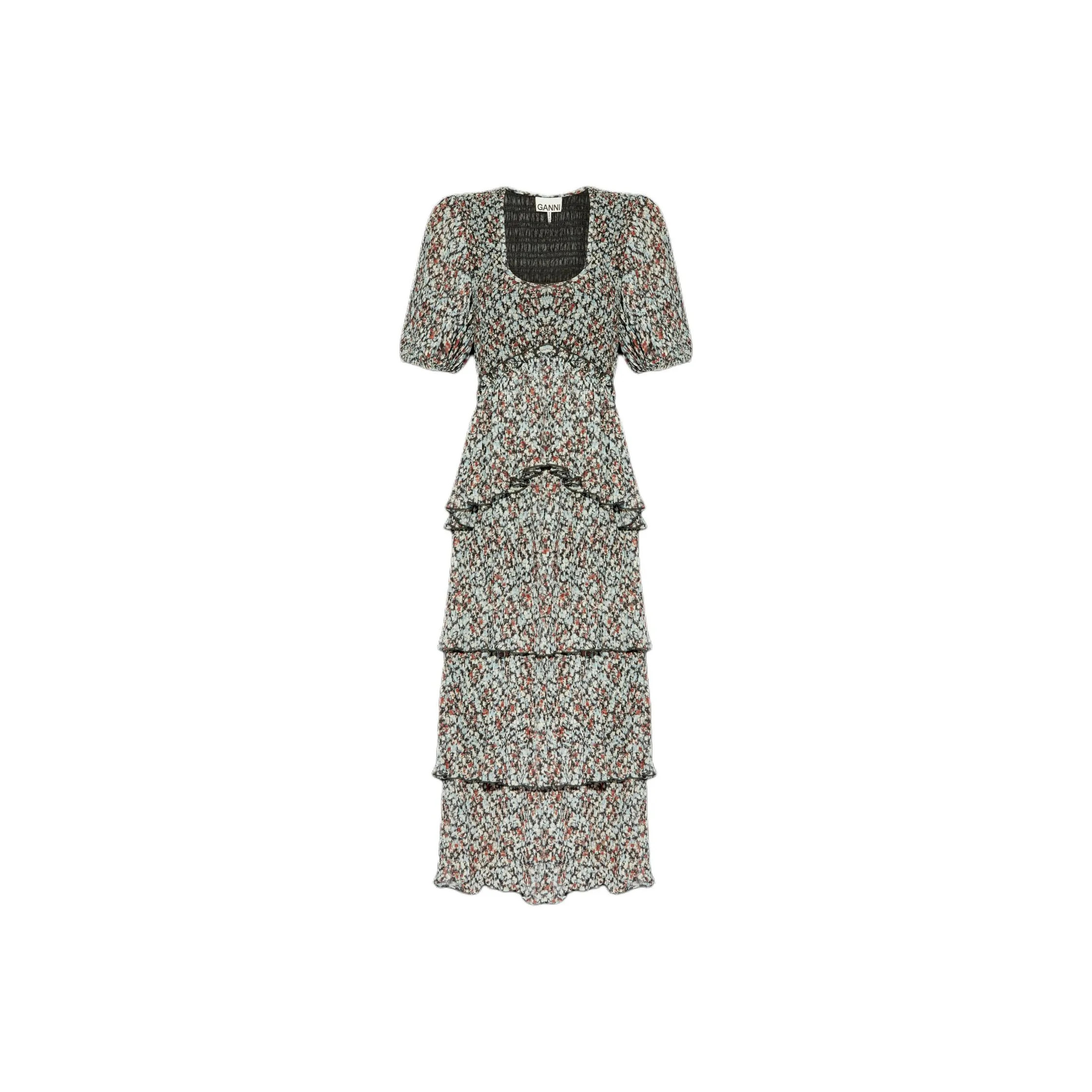 GANNI Printed Square Neck Ruffled Midi Dress