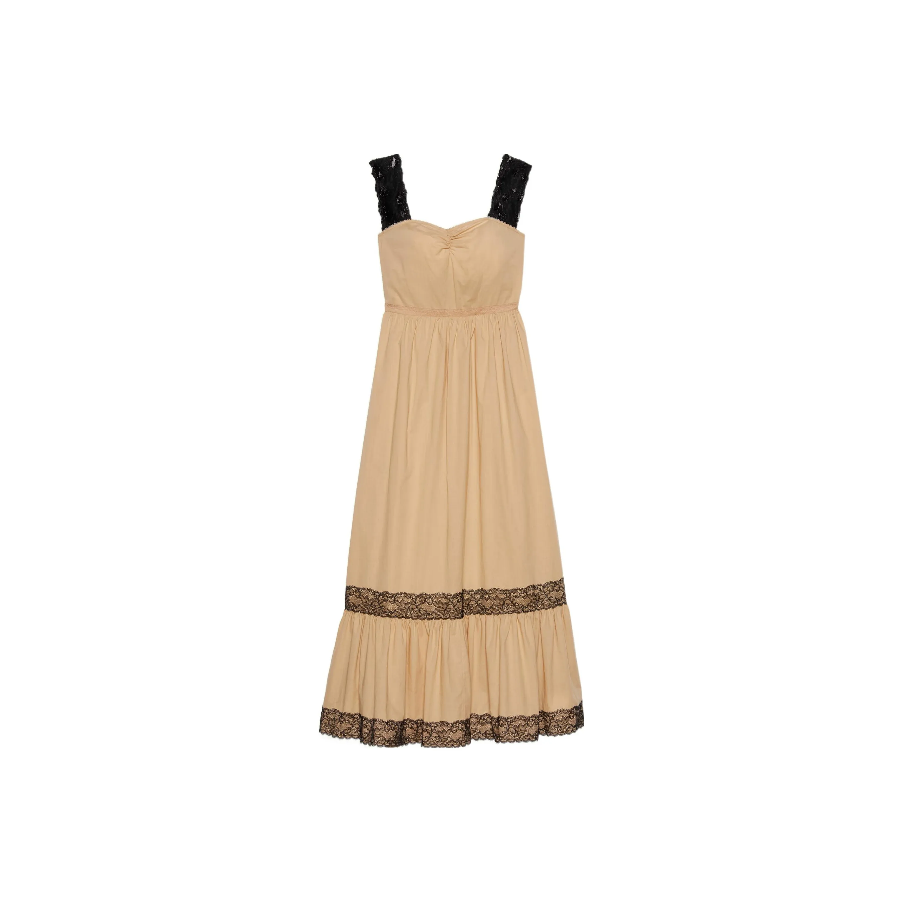 GUCCI Sleeveless Lace Trimmed Maxi Dress Beige Black