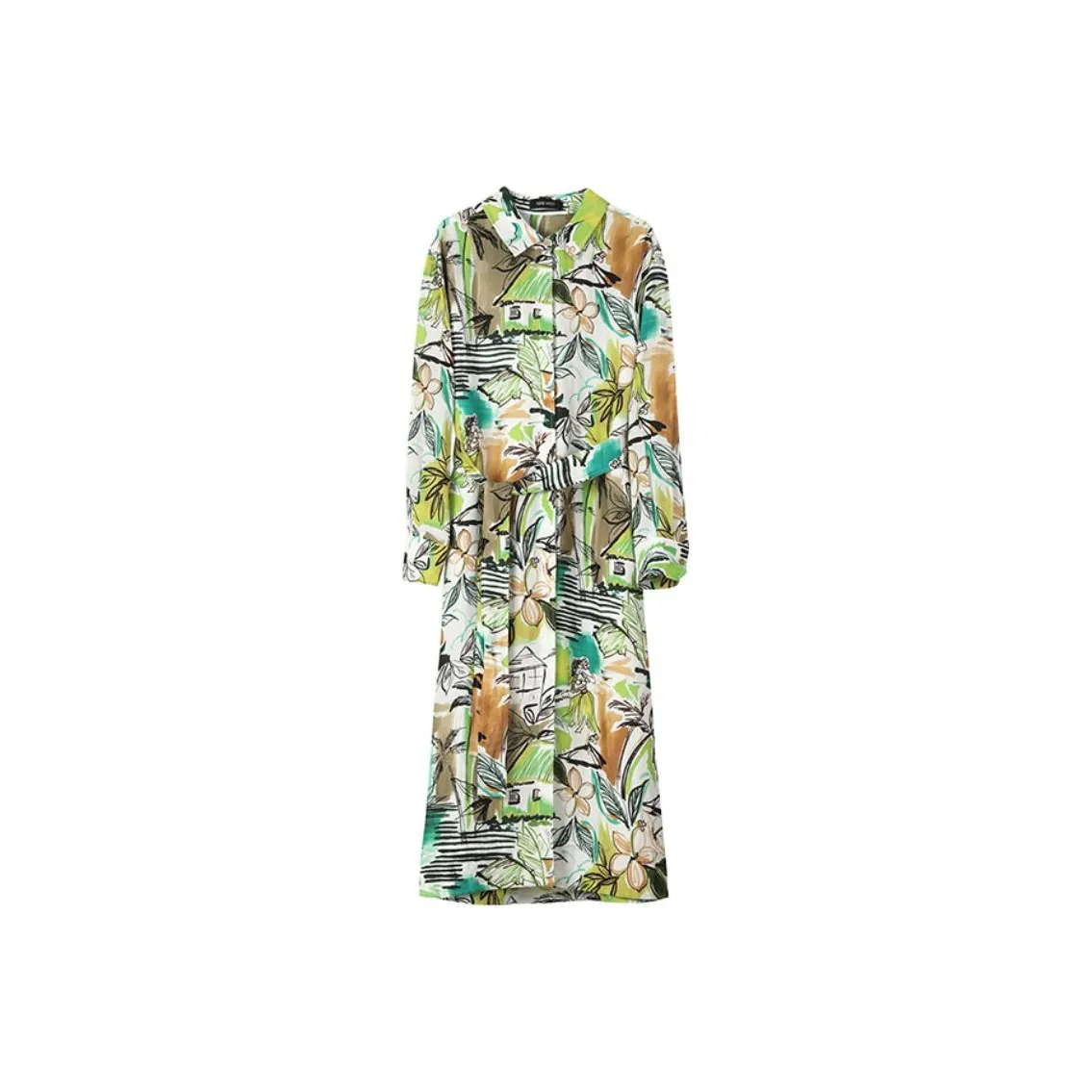 NINE WEST Long-Sleeved Dresses Women's White Background With Green Flowers