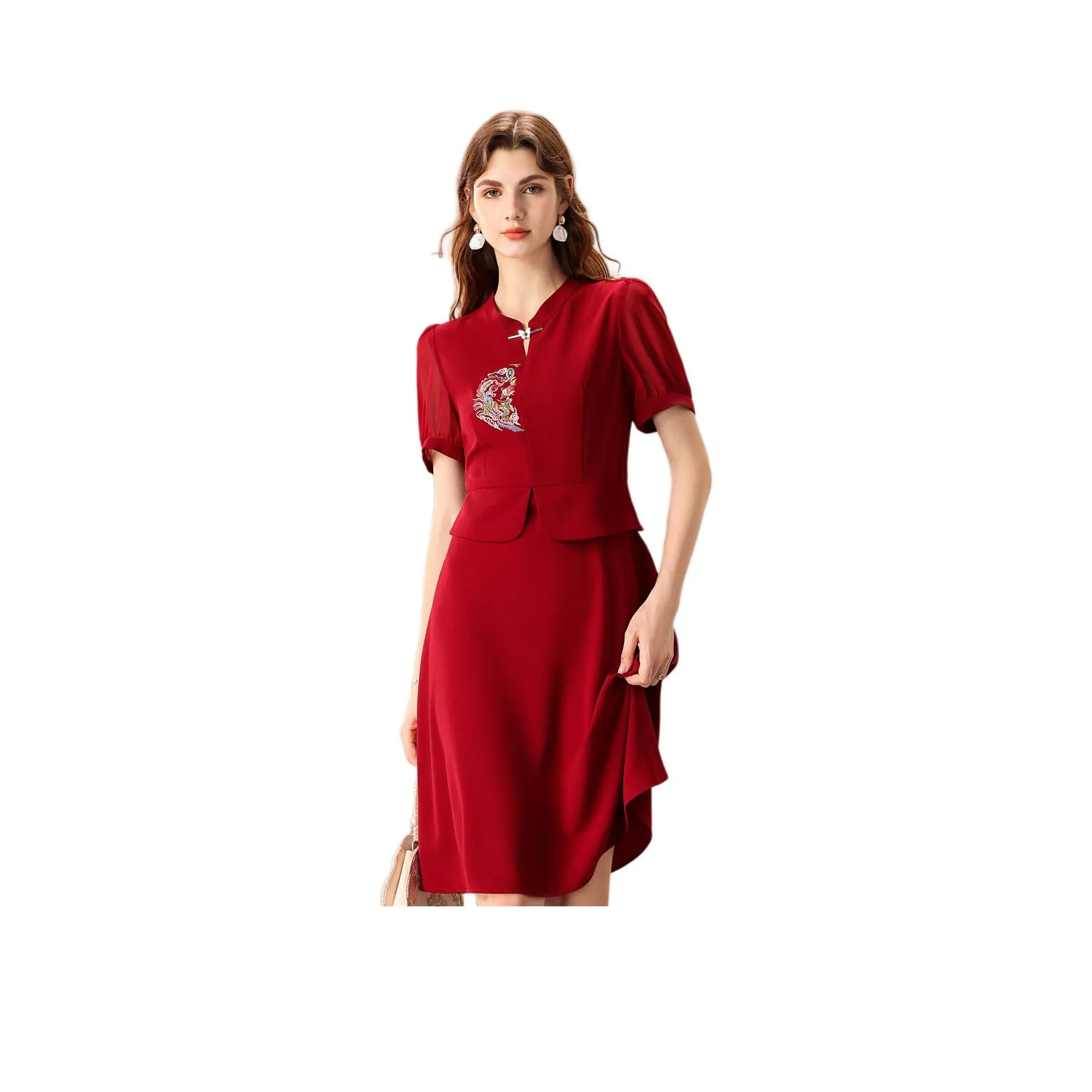 FENHONGMALI Короткий рукав Платье Женское Красное