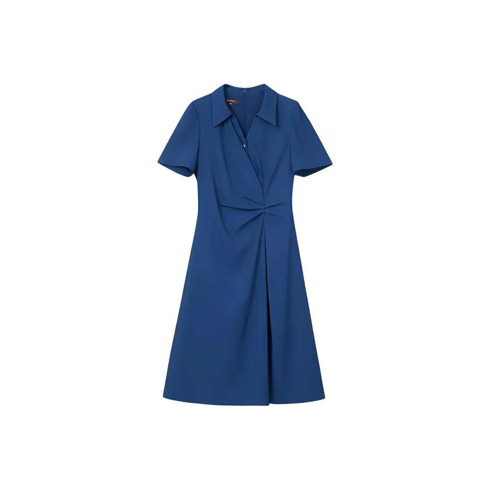 Yiner SS24 Короткий рукав Платье Женское Морской синий