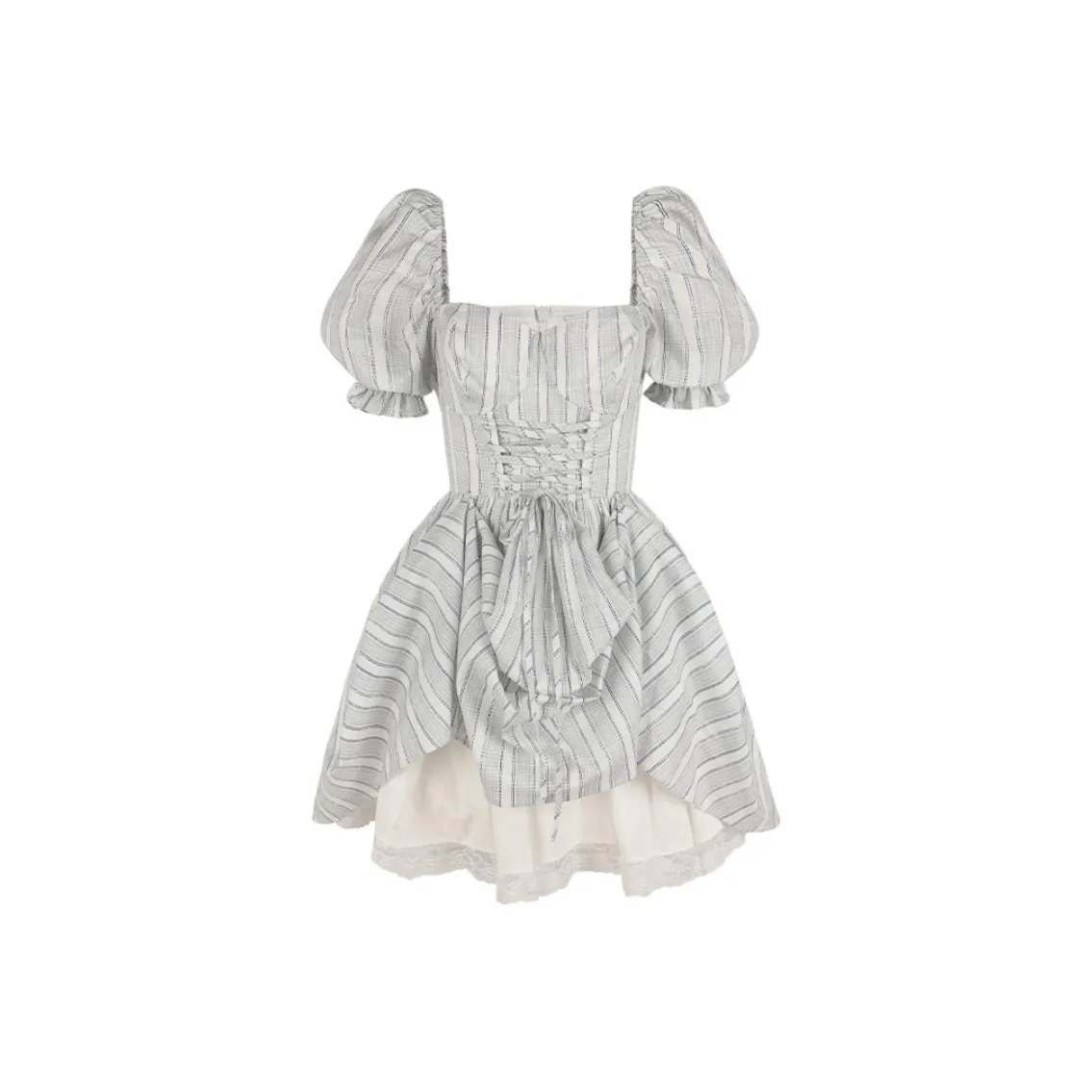 Selkie Collection FW24 Short Sleeved Dresses Women's Light Celadon Vertical Stripes White Tea Towel Print