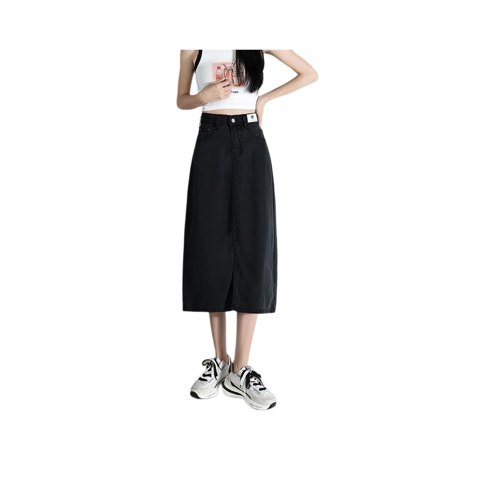 Weixi Деним Длинная Юбка Женская Черная