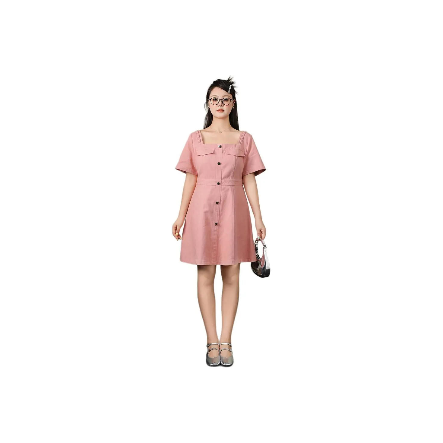 DAMABAIFENBAI Sweet Style Denim Dress For Petite Women's Short Sleeved Dress Women's Pink