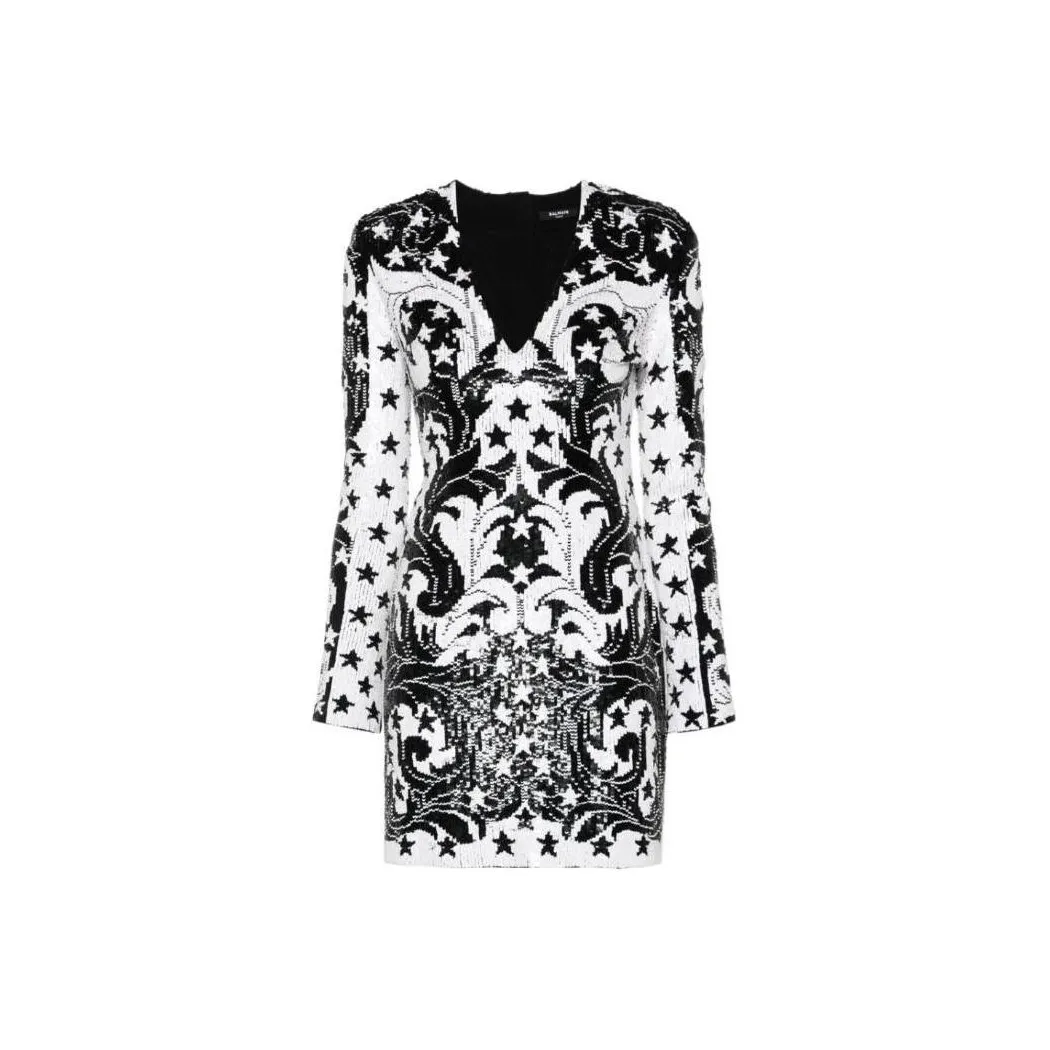 BALMAIN V Neck Sequin Embellished Mini Dress