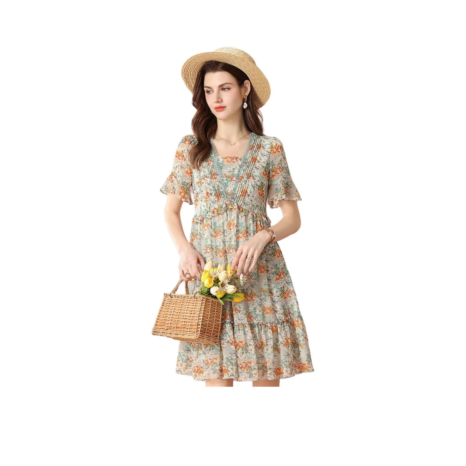 FENHONGMALI Короткий рукав Платье Женское Зеленое