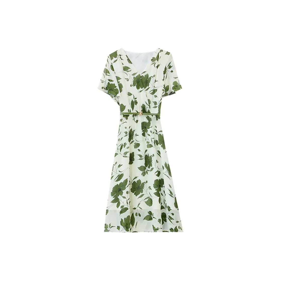 DOSOHEB Short-Sleeved Dresses Women's White Base With Green Floral Pattern