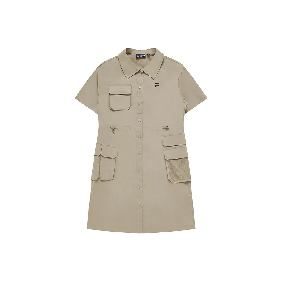 FILA FUSION Trending Street Series Short Sleeved Dresses Women's Misty Khaki