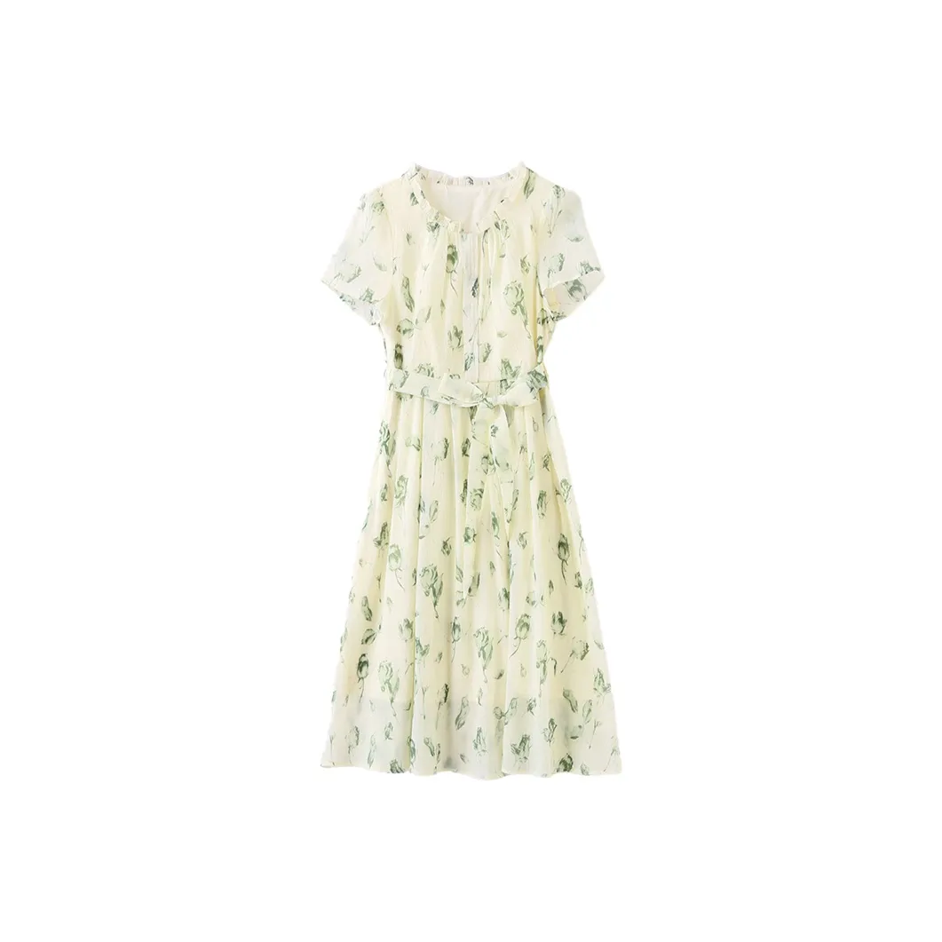 Mapping Короткий рукав Платье Женское Бежевый с зеленым принтом