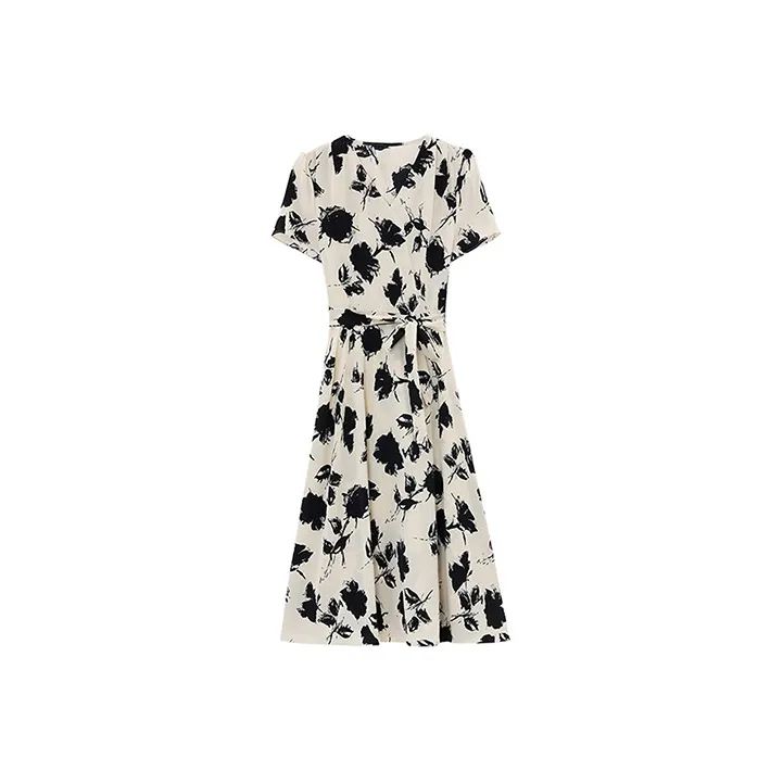 HUASJ Short-Sleeved Dresses Women's Apricot Base With Black Flowers