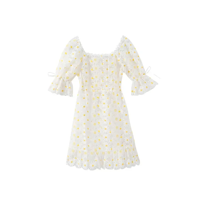 YUMOMO STAR Короткий рукав Платье Женское Белое Подкладочная ткань Оранжевый Желтый Цветочный дизайн