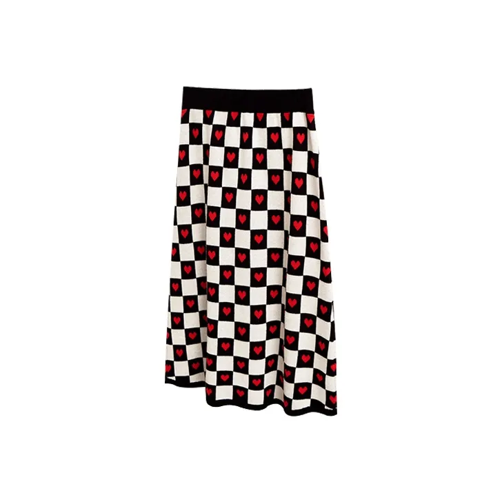 Olrain Knit Long Skirts Women's Checkerboard