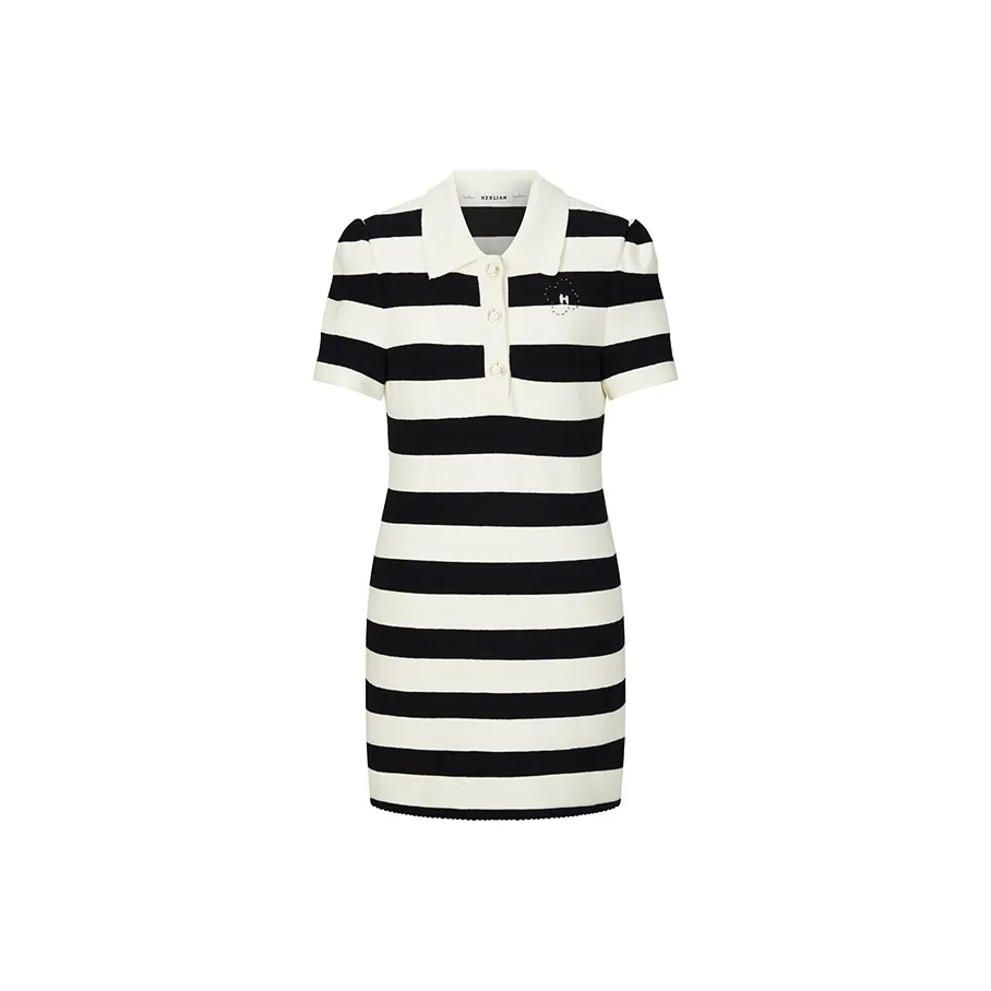 HERLIAN Короткий рукав платье женское черно-белые полосы