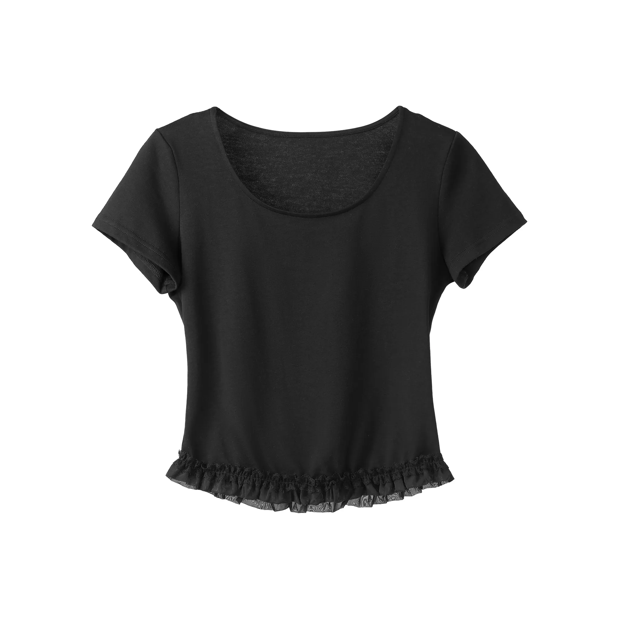 Fstudio Корейский стиль Круглый вырез Кружевная отделка Тонкий Однотонный Утягивающий на талии Короткий рукав Т-рубашки Женские