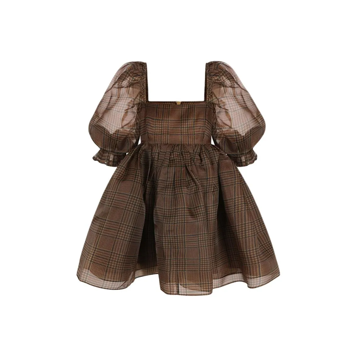 Selkie Collection FW24 Short Sleeved Dresses Women
s Solid Yellow Base With Houndstooth Plaid Print