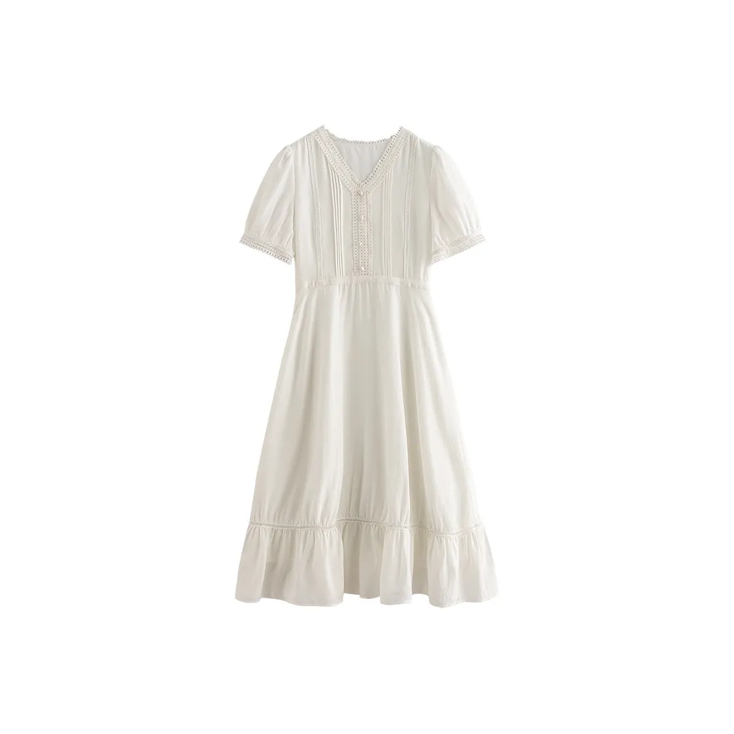 Initial Language Short Sleeved Dress Women's White