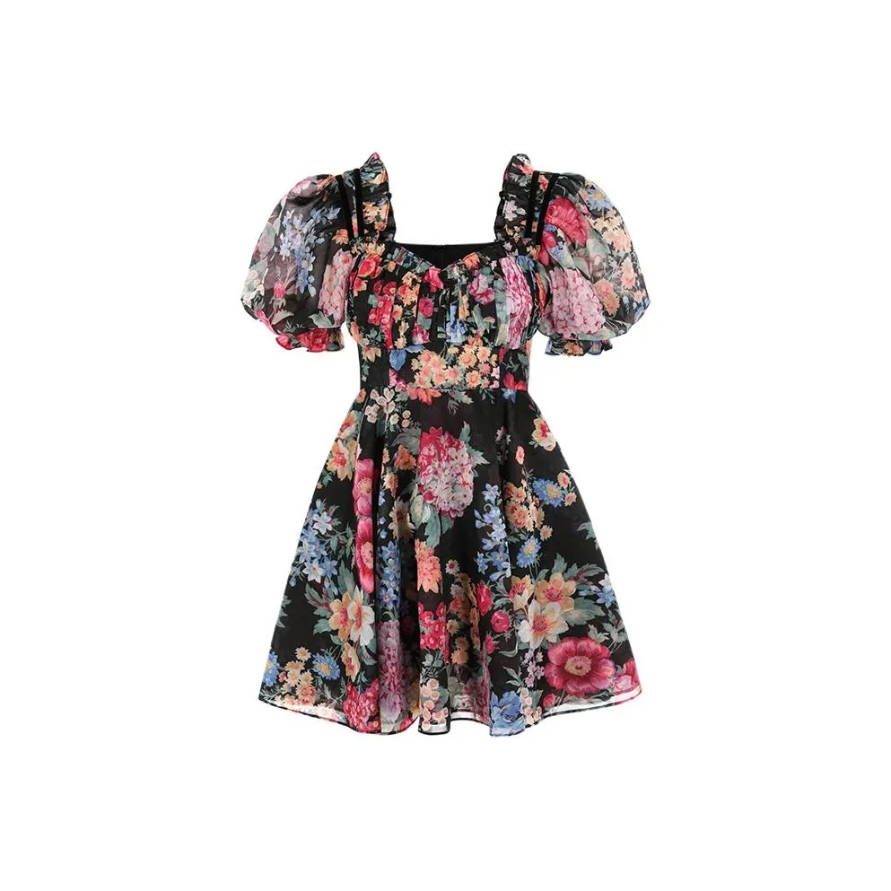 Selkie Collection SS24 Short-Sleeved Dresses Women's Black Background Vibrant Garden Print