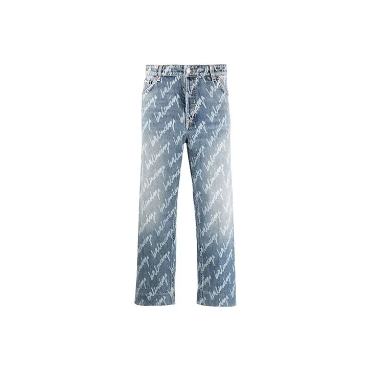 Balenciaga Women'ss All Over Logo Cropped Denim Trousers Indigo/White