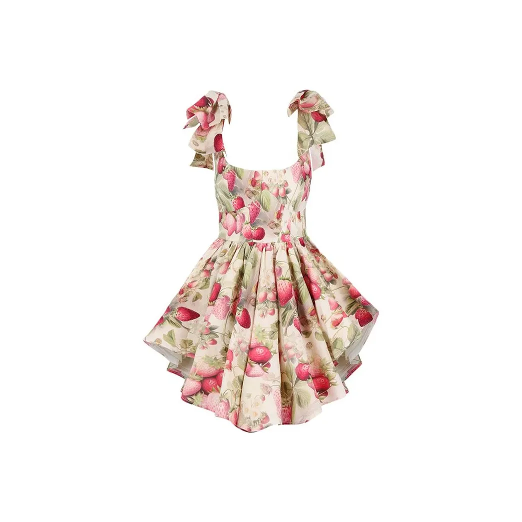 Selkie Collection SS24 Short-Sleeved Dresses Women's Light Apricot Base With Strawberry Print