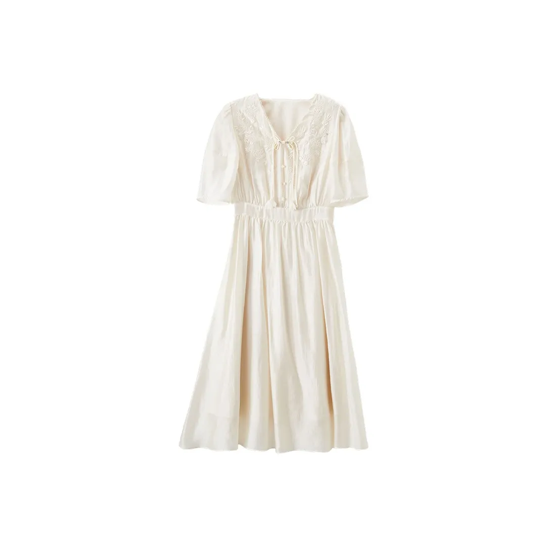 XIANGYING Short Sleeved Dress Women's Beige