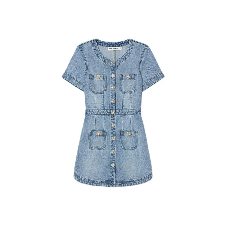 Self portrait Short Sleeved Dress Women's Light Denim Blue