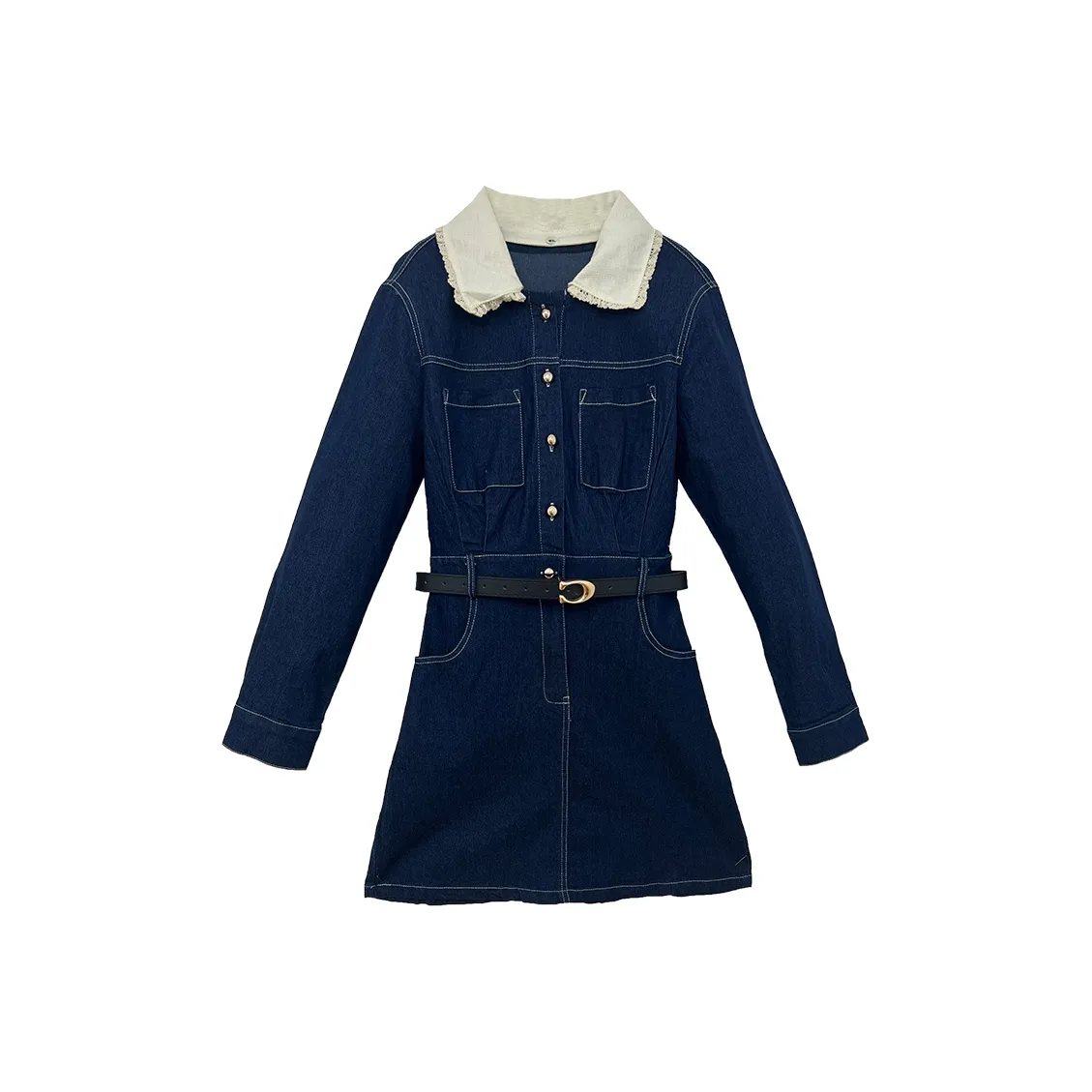 Icicofficial Длинное платье с длинными рукавами женское синий и белый с воротником-стойкой