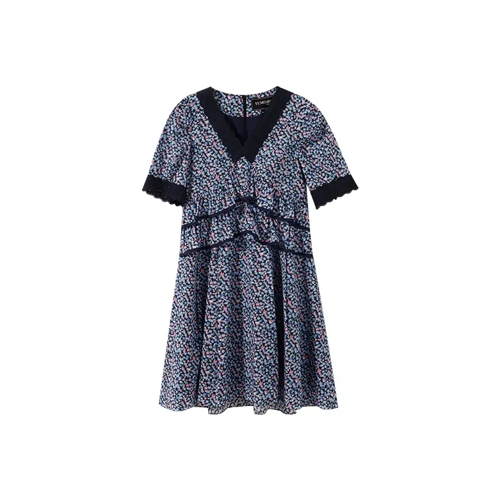 YUMOMO STAR A Линия Юбка Платье Цветочный Синий