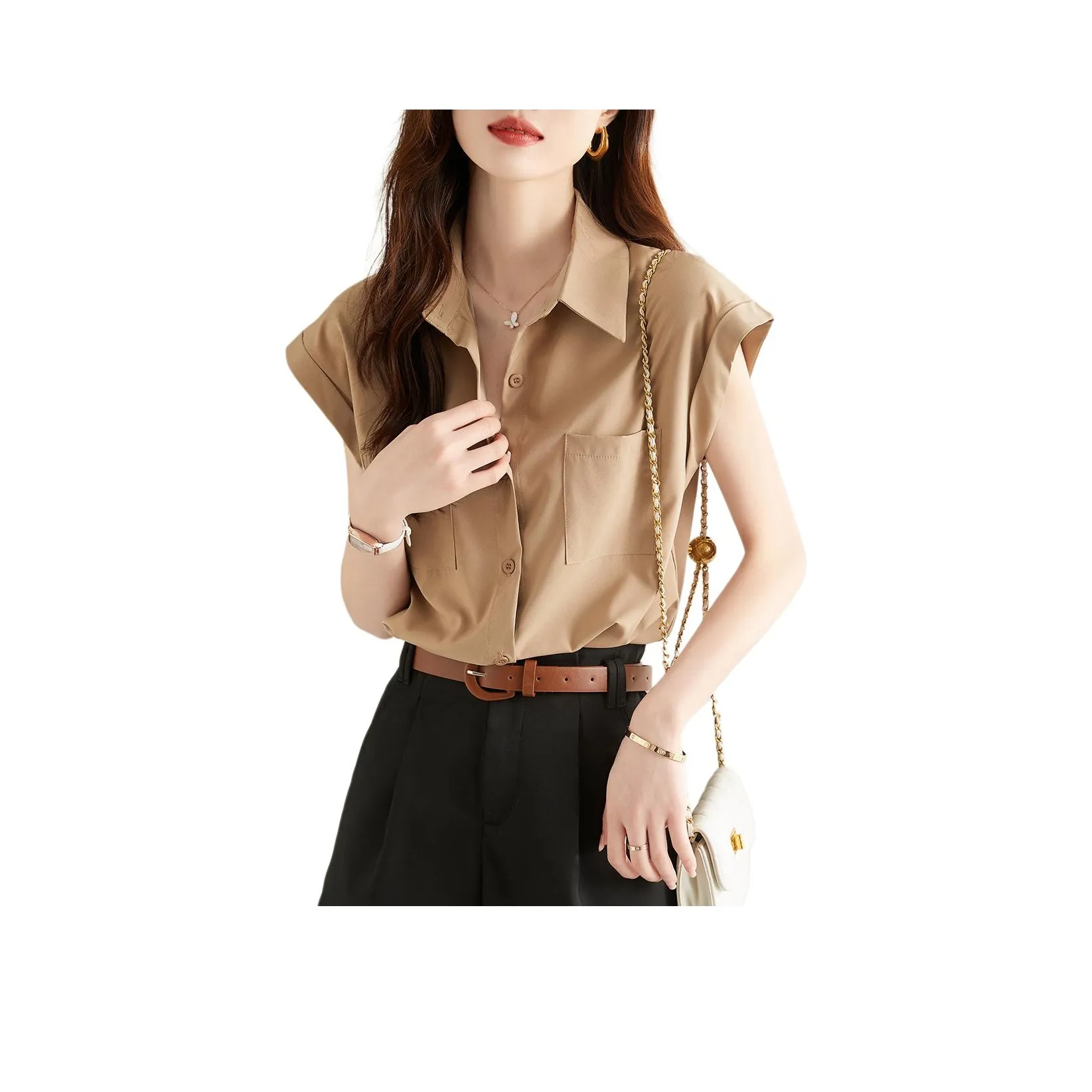TERRE BLEUE Shirt Matching Sets Women's Clothing Set Coffee Shirt+Black Shorts