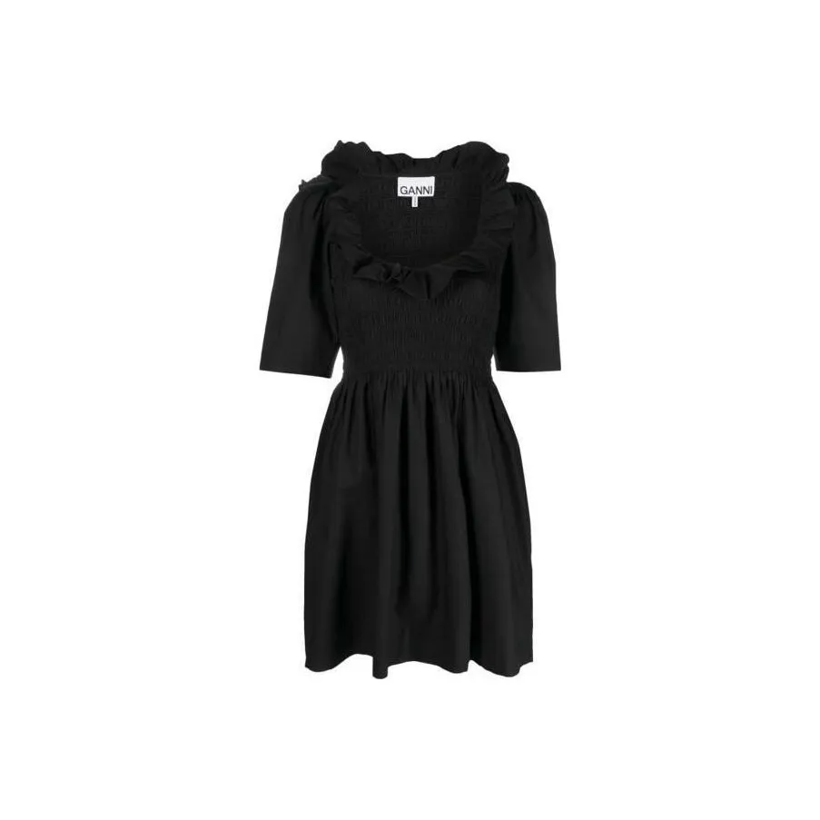 GANNI Smocked Organic Cotton Minidress