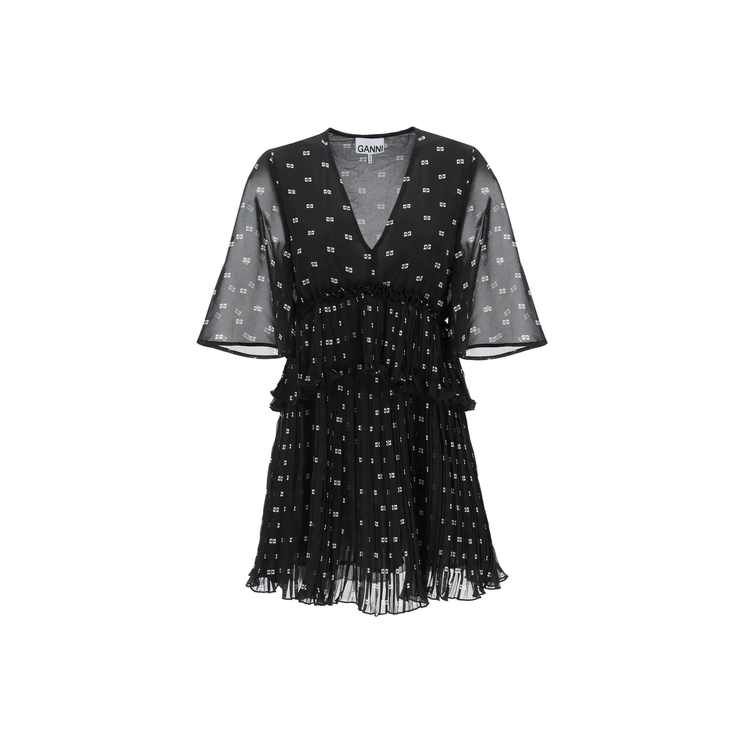 GANNI Butterfly Printed V Neck Pleated Mini Dress