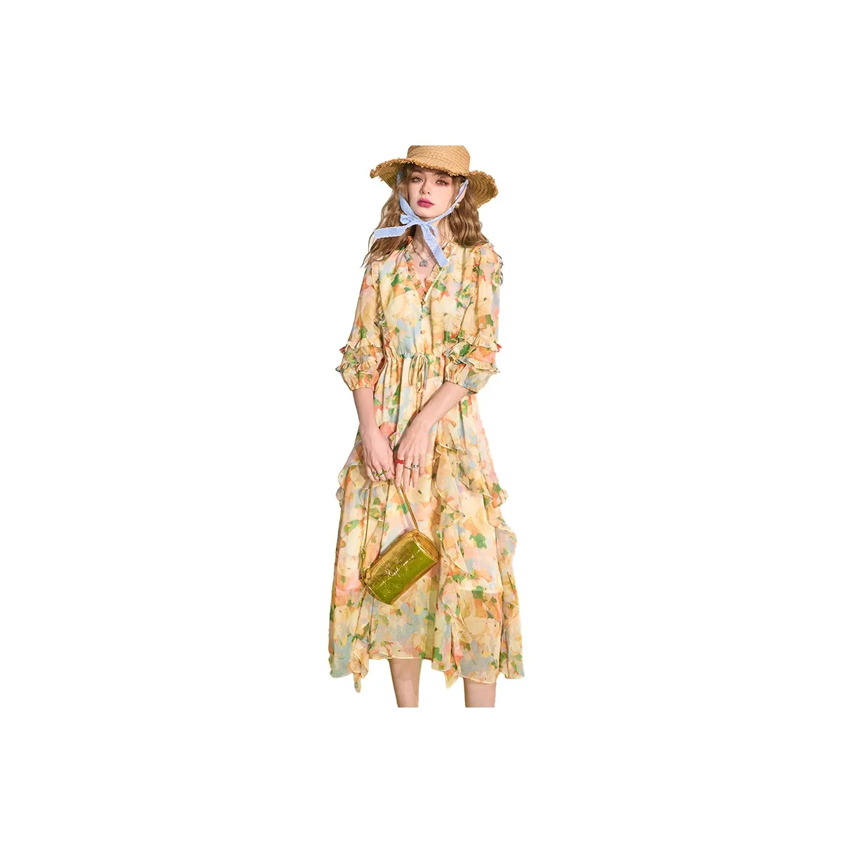 ELF SACK Long Sleeved Dresses Women's Sweet Style Yellow Cream