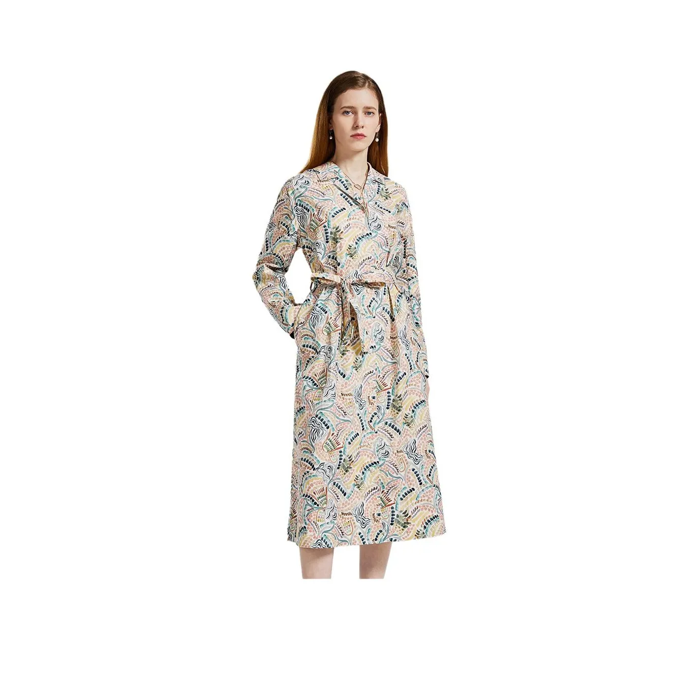 NINE WEST Long Sleeved Dress Women's White Base Coffee Floral