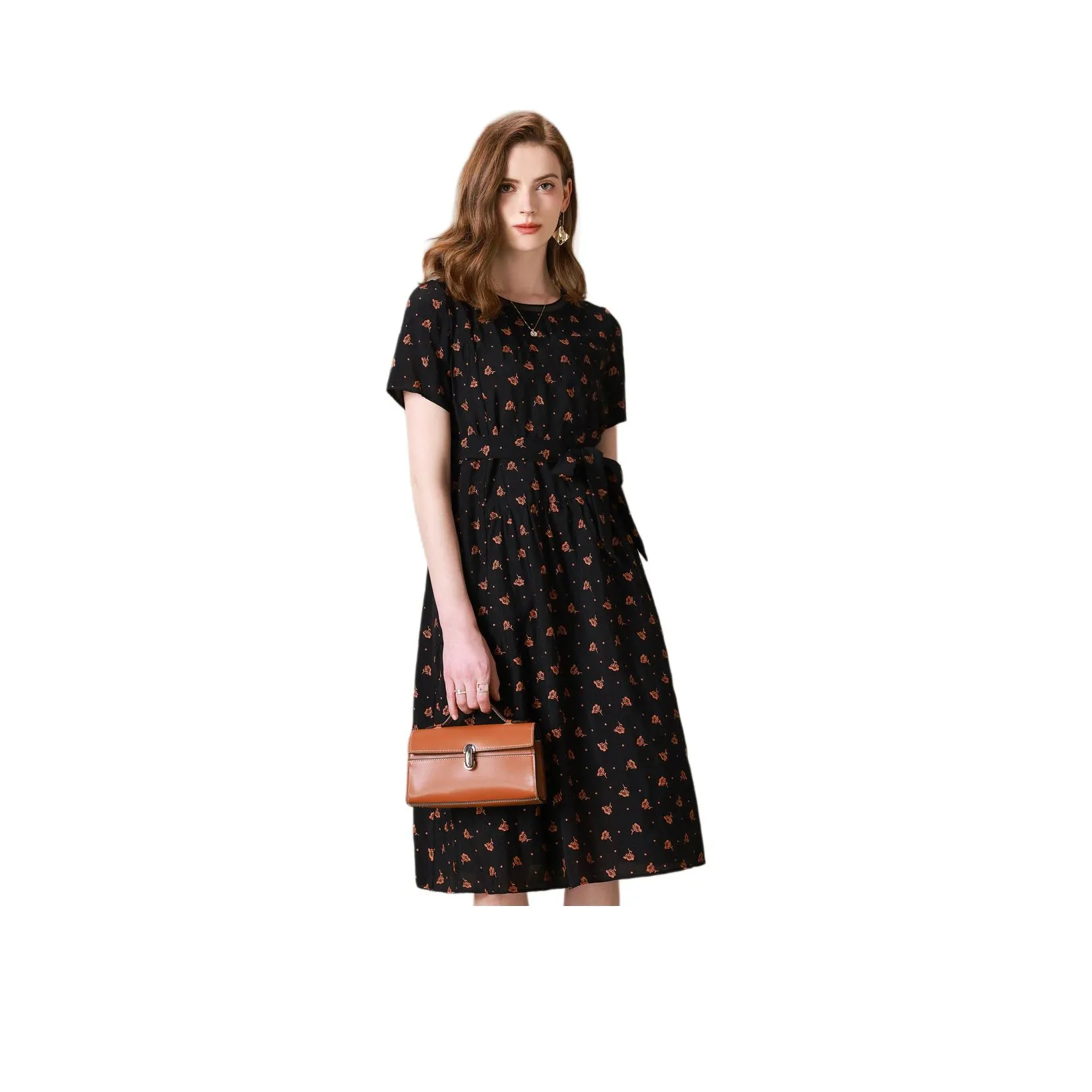 FENHONGMALI Short Sleeved Dress Women's Orange