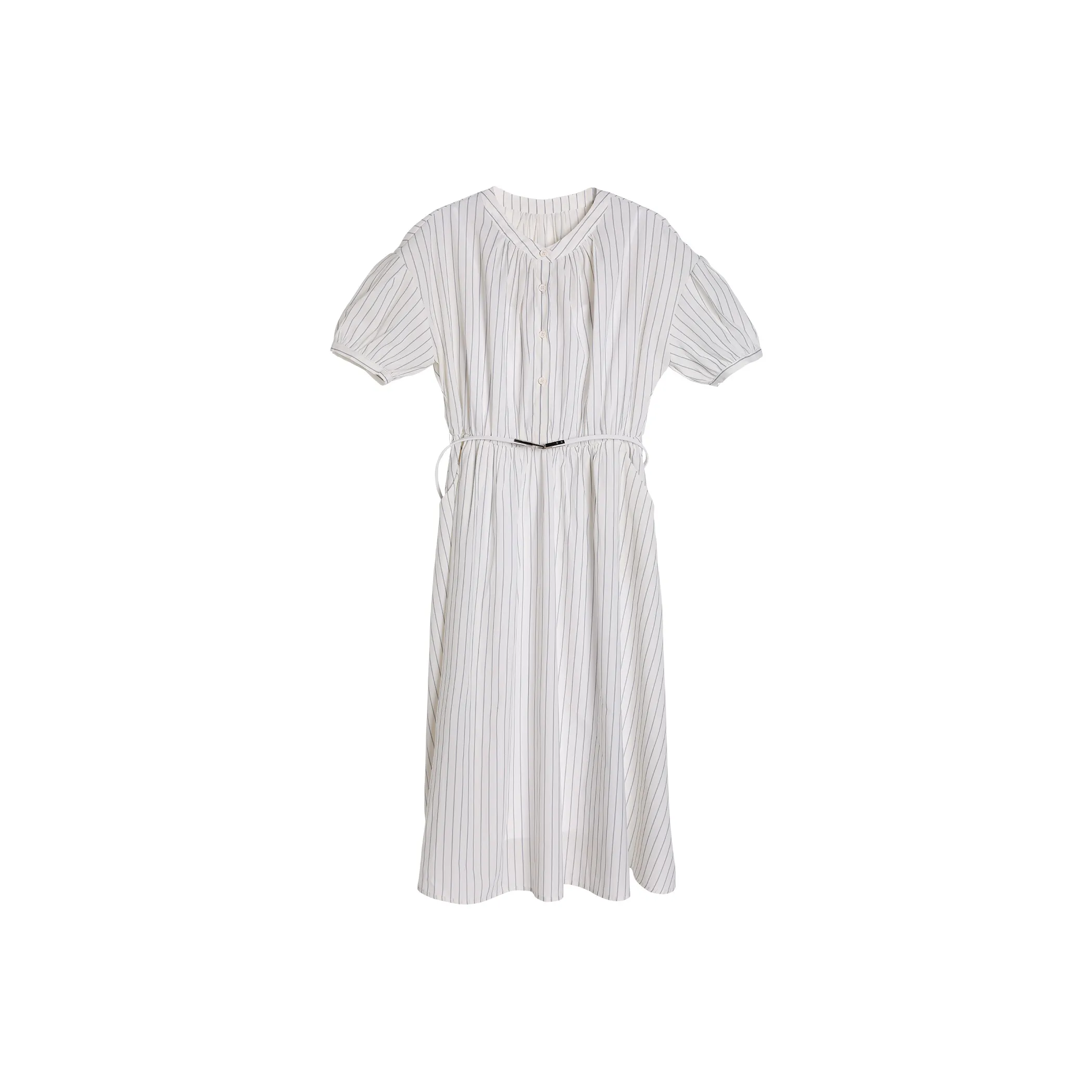 Fstudio Корейский стиль Элегантность Маленький Круглый вырез A-линия Короткий рукав Полосы Рубашка Короткий рукав Платье Женские