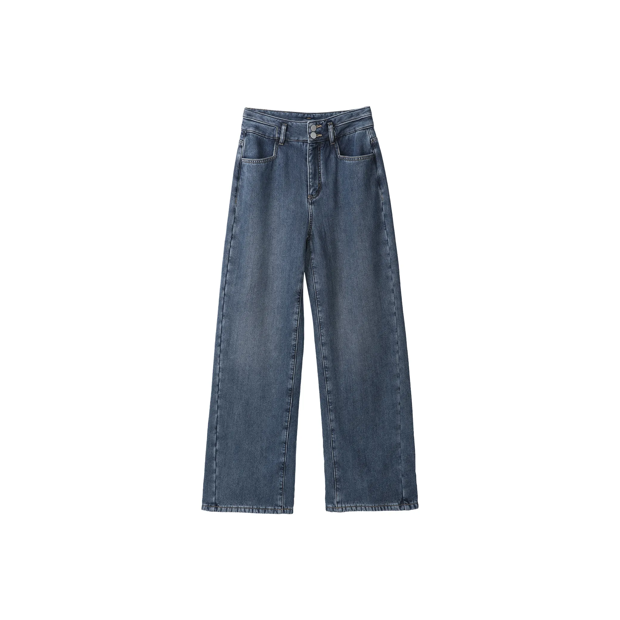 Fstudio Fall And Winter Korean Style Fleece Lined Wide Leg High Rise Spaghetti jeans Women's Blue