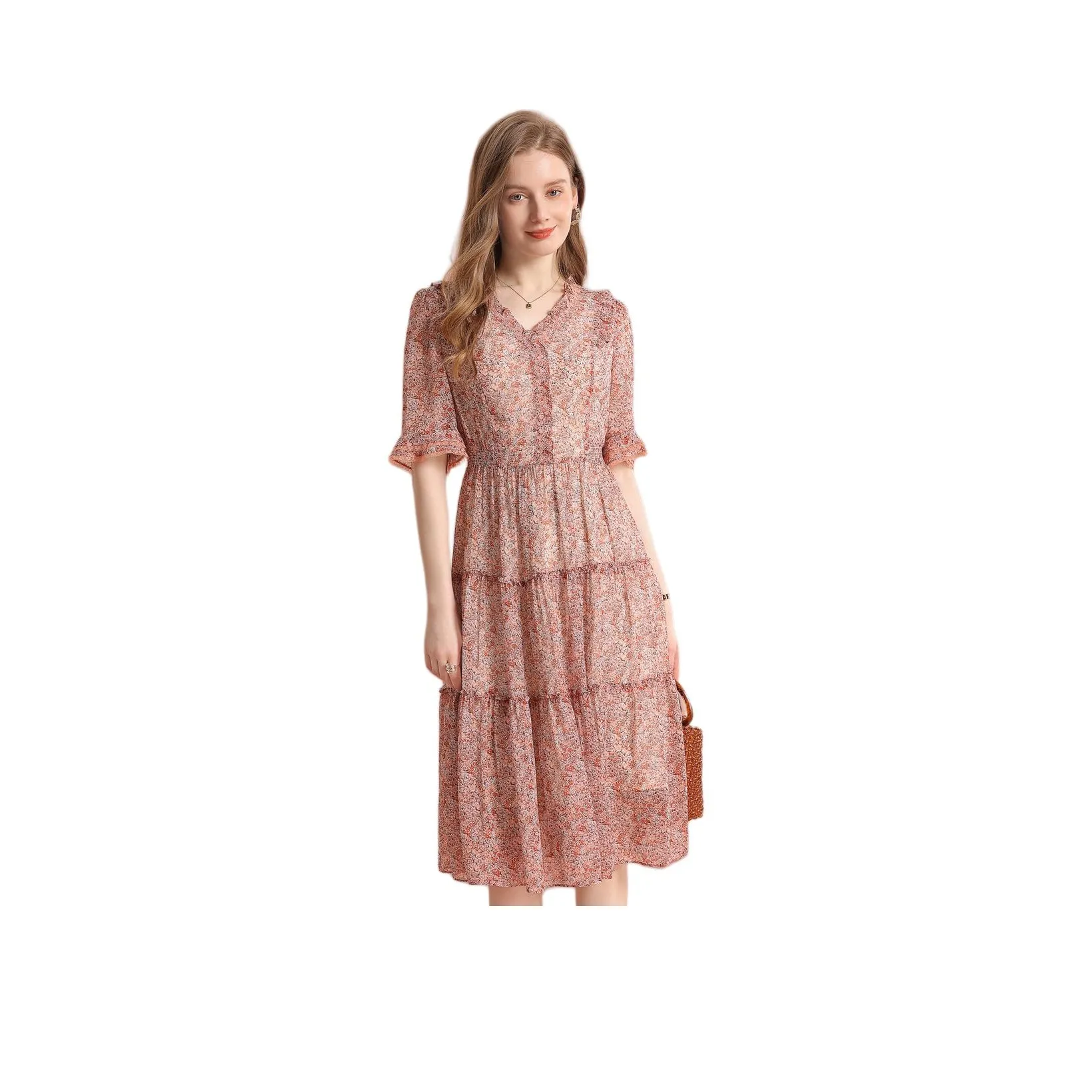 FENHONGMALI Short-Sleeved Dresses Women's Orange