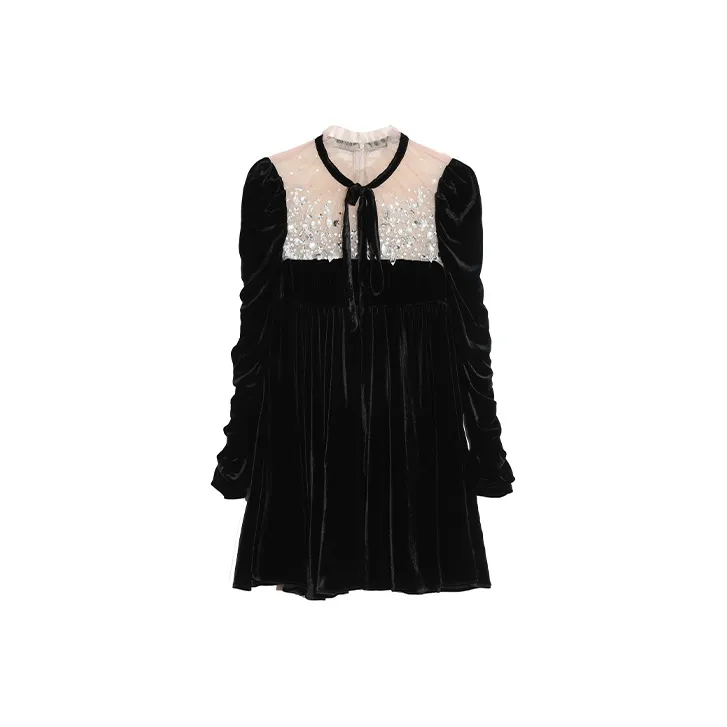 TCH Черное с серебристым логотипом Женское Длинное Платье с Рукавами