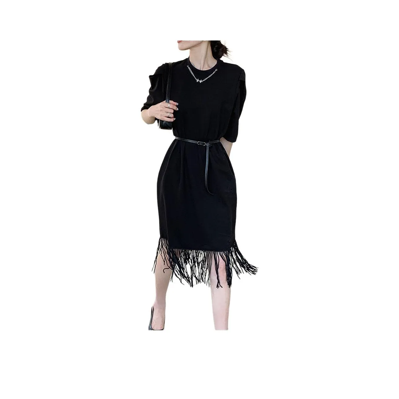 NANING9 Короткий рукав Платье Женское Черное