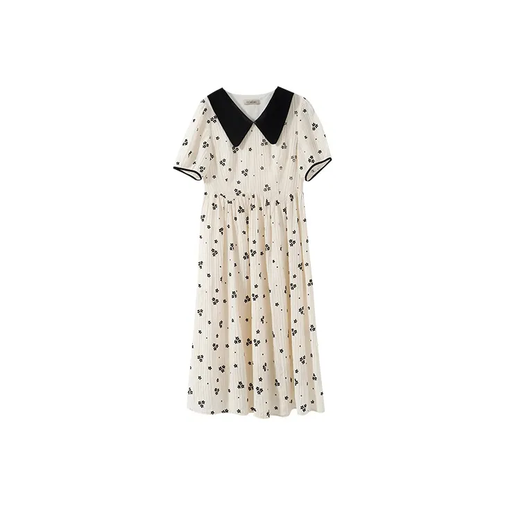 YUMOMO STAR Short Sleeved Dresses Women's Beige With Black Floral