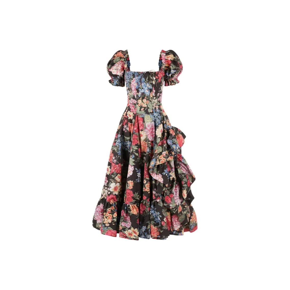 Selkie Collection SS24 Short Sleeved Dress Women's Black With Flourishing Garden Print