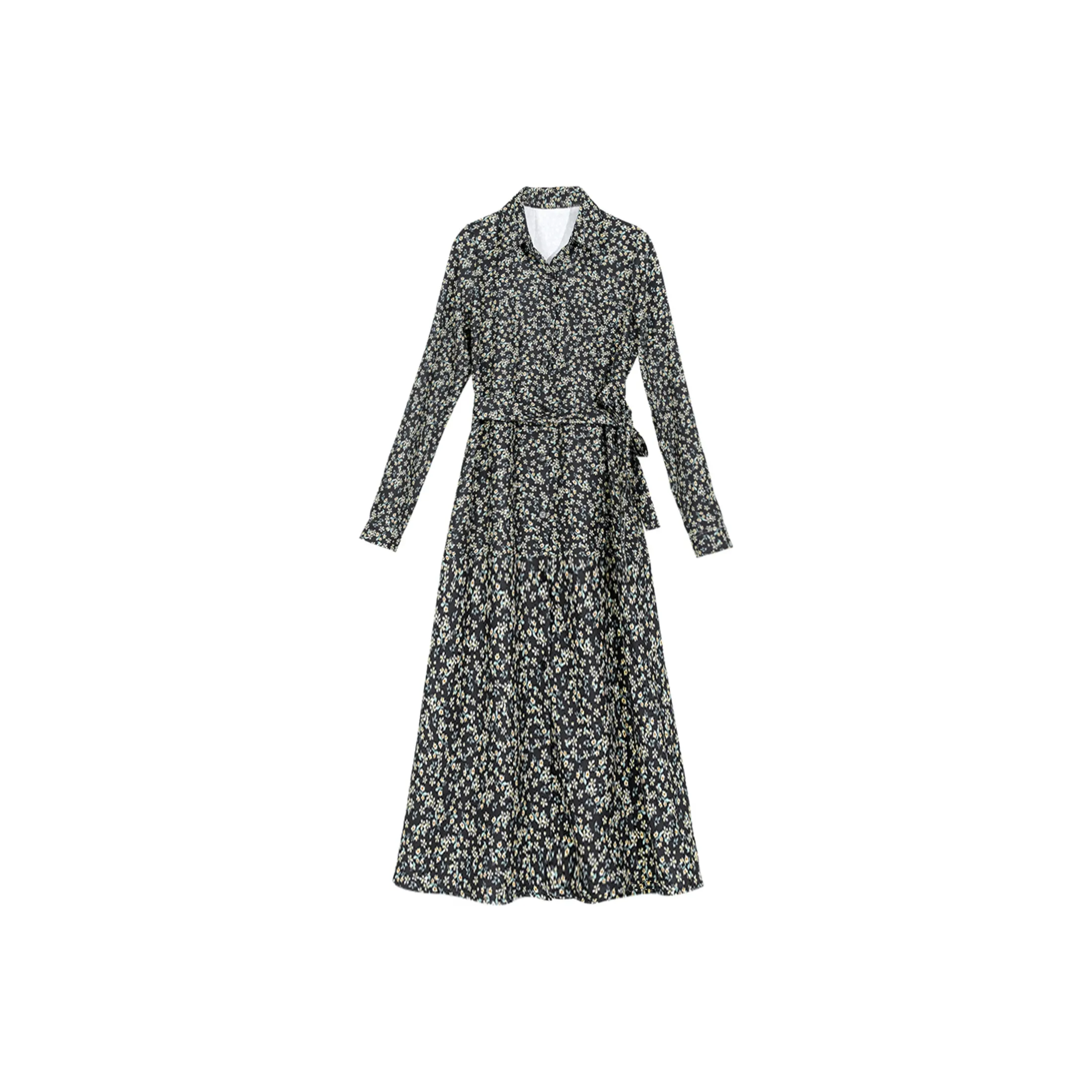 Wbwq Long-Sleeved Dresses Women's Black Background With Yellow Flowers