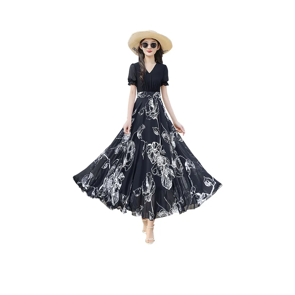 Cypress House Short Sleeved Dress Women's Black Top And Black Bottom With White Floral