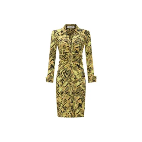Diane von Furstenberg Золотое Женское Длинное Платье с Длинным Рукавом