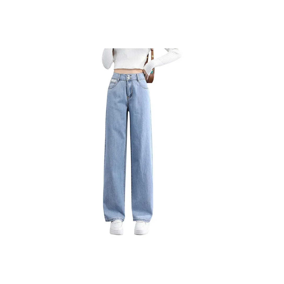 Jean West Thin Breathable Casual Commute Wide Leg Pants High Rise Loose Fit Petite Washable Summer Women's Light Blue