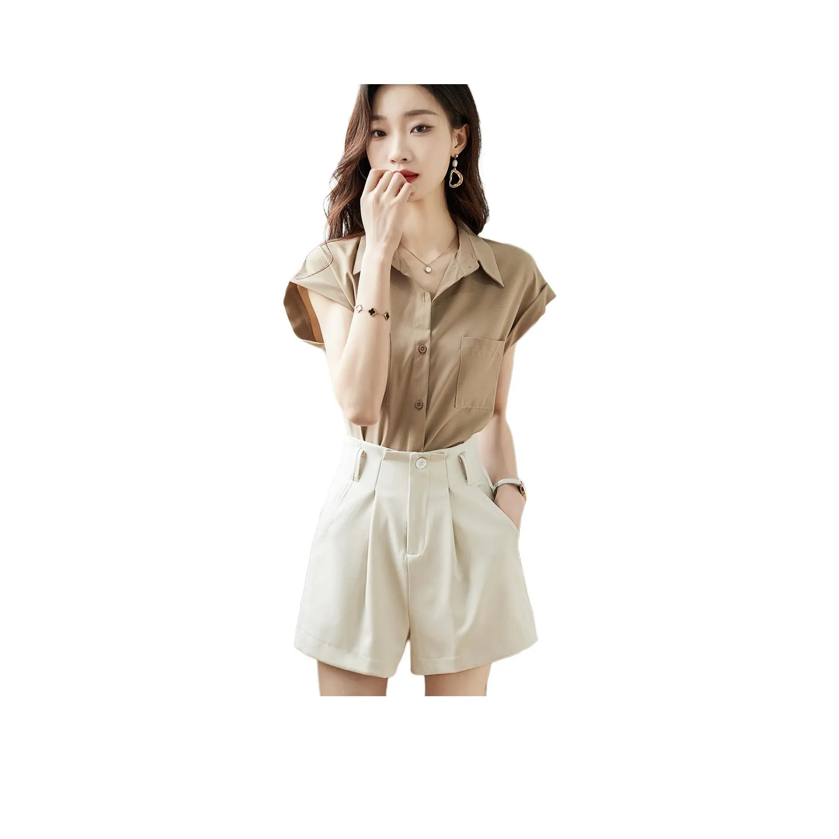 TERRE BLEUE Shirt Matching Sets Women's Clothing Set Khaki Shirt+Ecru Shorts