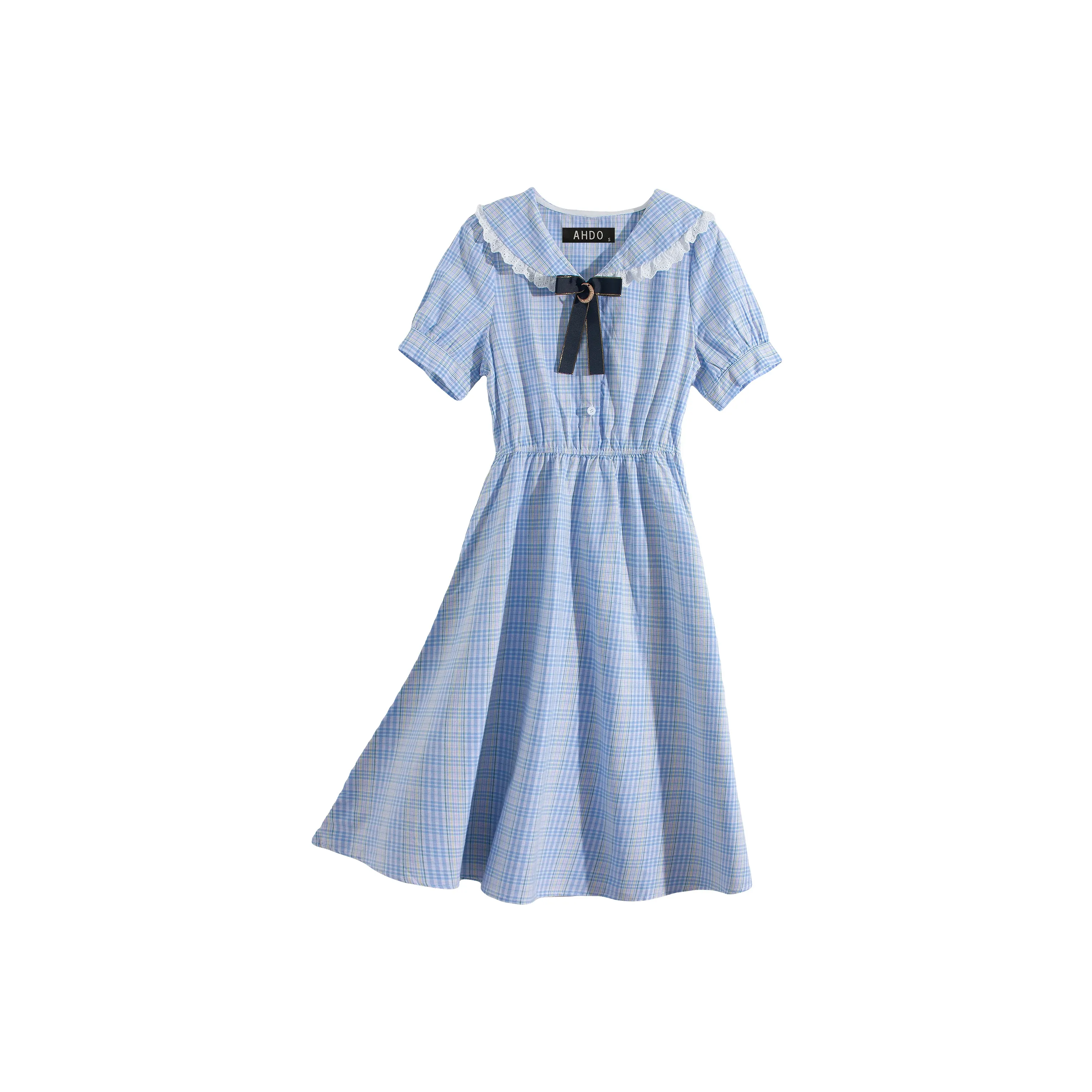 AHDO Short-Sleeved Dresses Women's Light Blue Plaid