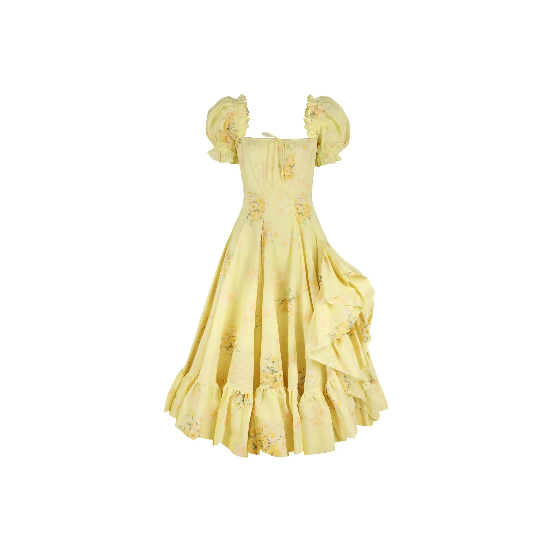 Selkie Collection x Bridgerton FW24 Short Sleeved Dress Women's PENELOPE Yellow With Touch Me Not Flower Garden Print